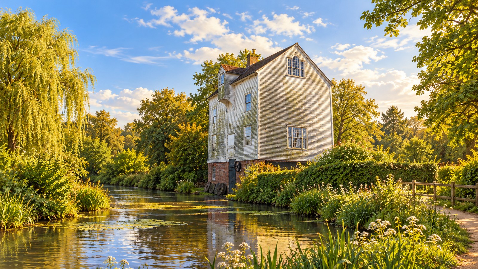 Artist's impression of the historic weatherboarded Ifield Water Mill beside the millpond