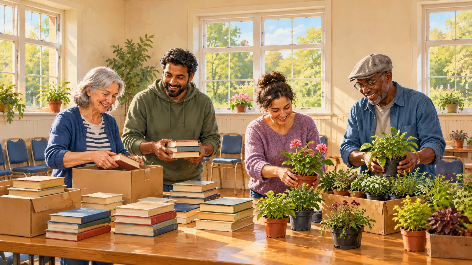 Artist's impression of a representative Crawley community group preparing a neighbourhood event, not named real people or premises