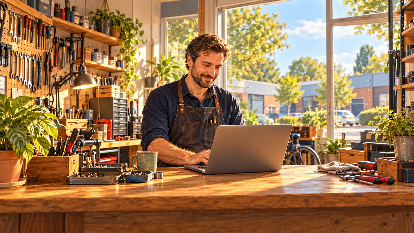 Artist's impression of a representative Crawley small business owner preparing an online listing at a workshop counter